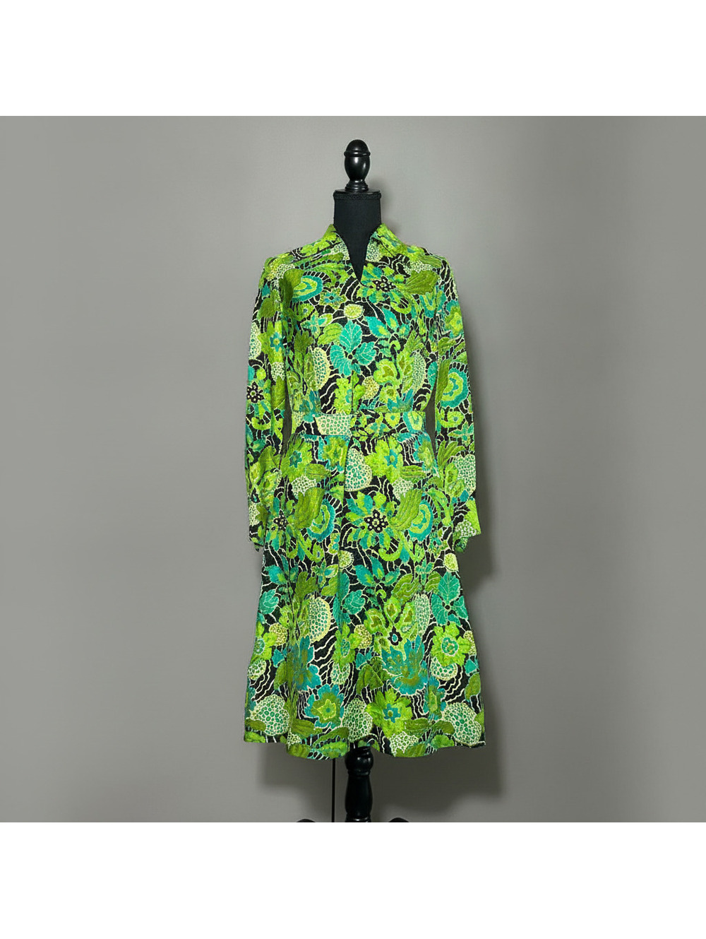 Vintage 70s Retro Silk Long Sleeve Belted Shirt Dress Green Floral Midi S/M Mod - Picture 4 of 12